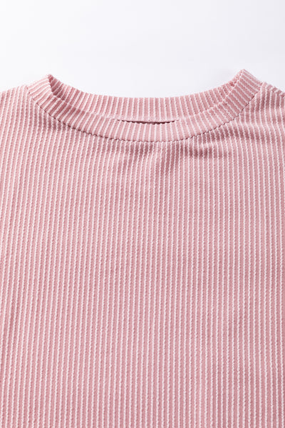 Light Pink Color Block Ribbed Knit Quarter Sleeve Top