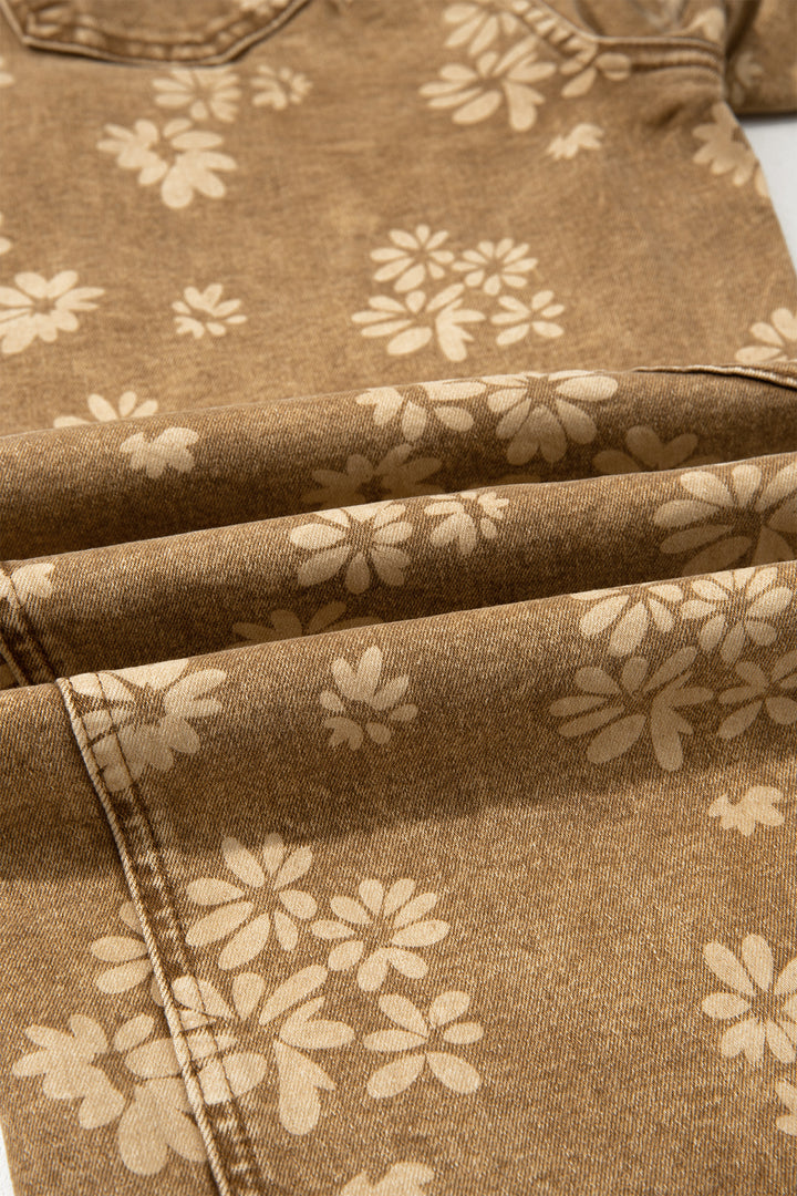 Khaki Floral Print Metal Button Pleated Straight Leg Jeans