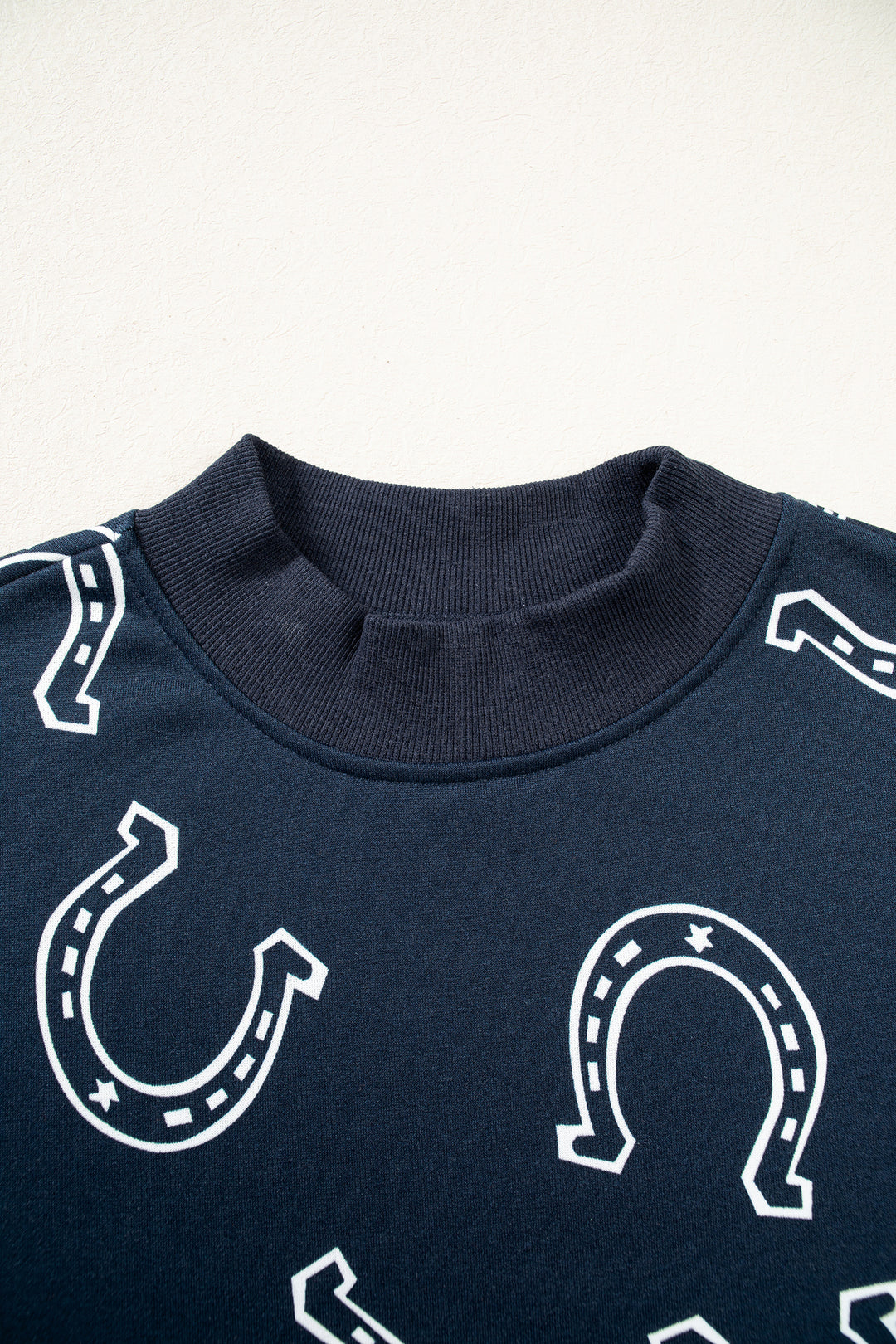 Blue Western Horseshoe Print Mock Neck Casual Pullover Sweatshirt