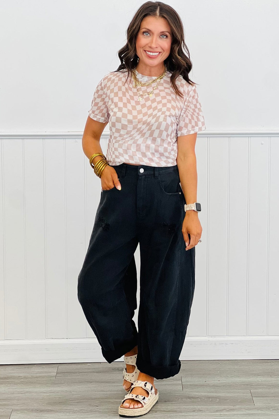 Khaki Checkered Print Mock Neck Mesh T Shirt