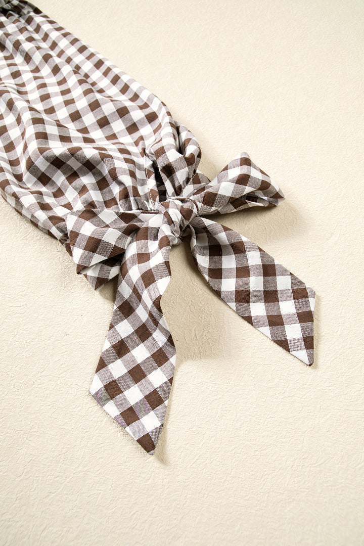 Brown Plaid Knot Half Sleeve Button Down Shirt