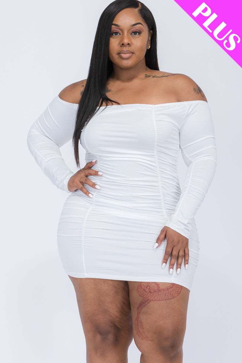 Plus Size Off Shoulder Ruched Long Sleeve Dress (CAPELLA)