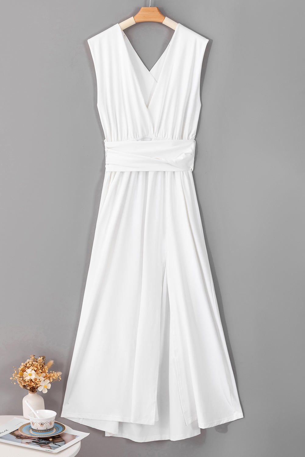 White Sleeveless Ruched High Split Cutout Back Maxi Dress