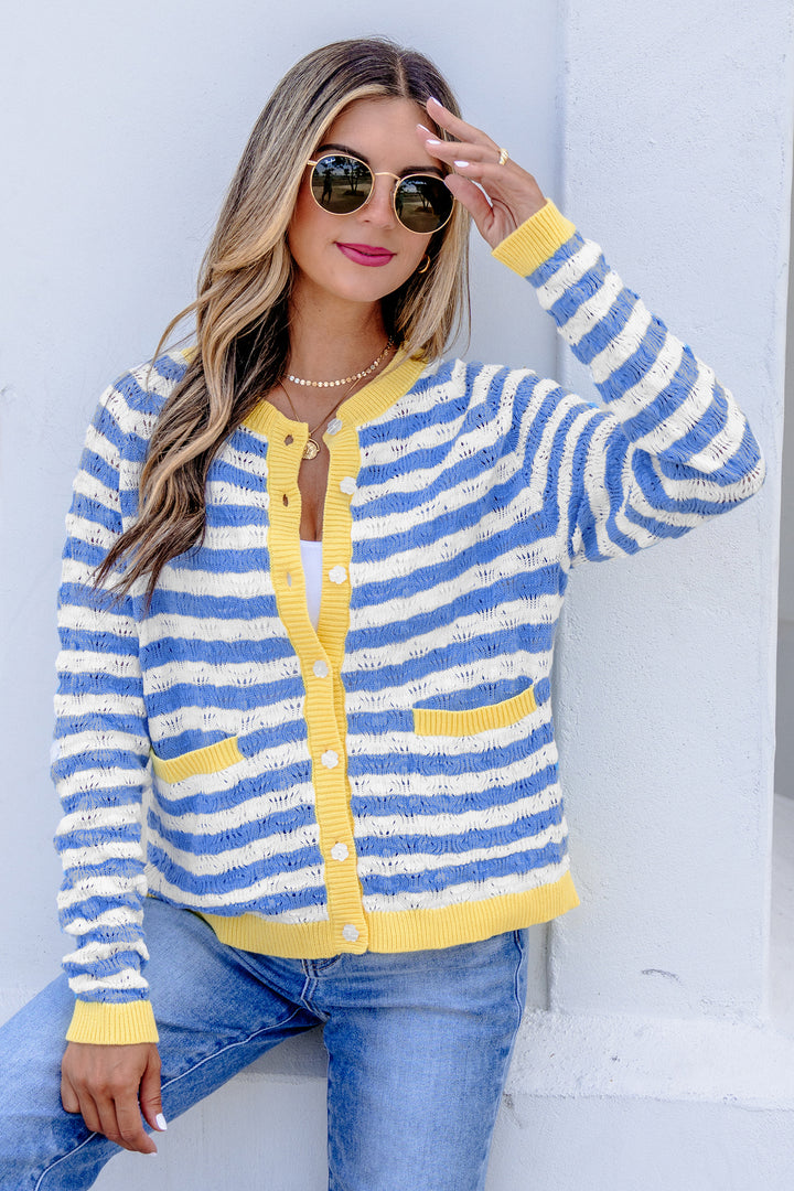 Sky Blue Stripe Striped Colorblock Button Front Long Sleeve Loose Fit Knit Cardigan