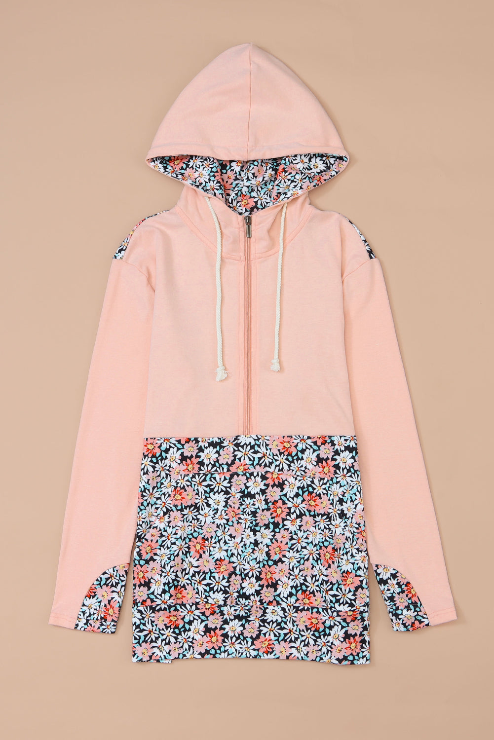 Pink Floral Patch Half Zip Kangaroo Pocket Hoodie