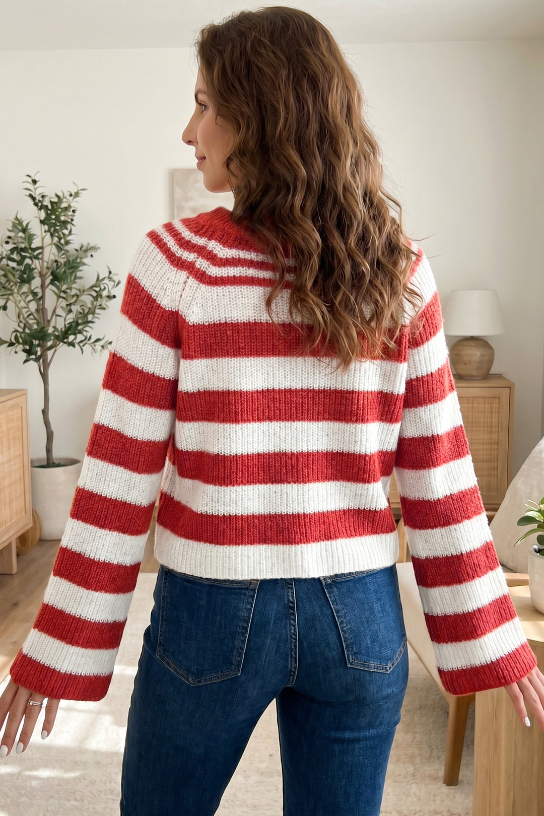 Red Stripe Striped Colorblock V Neck Long Sleeve Shift Sweater