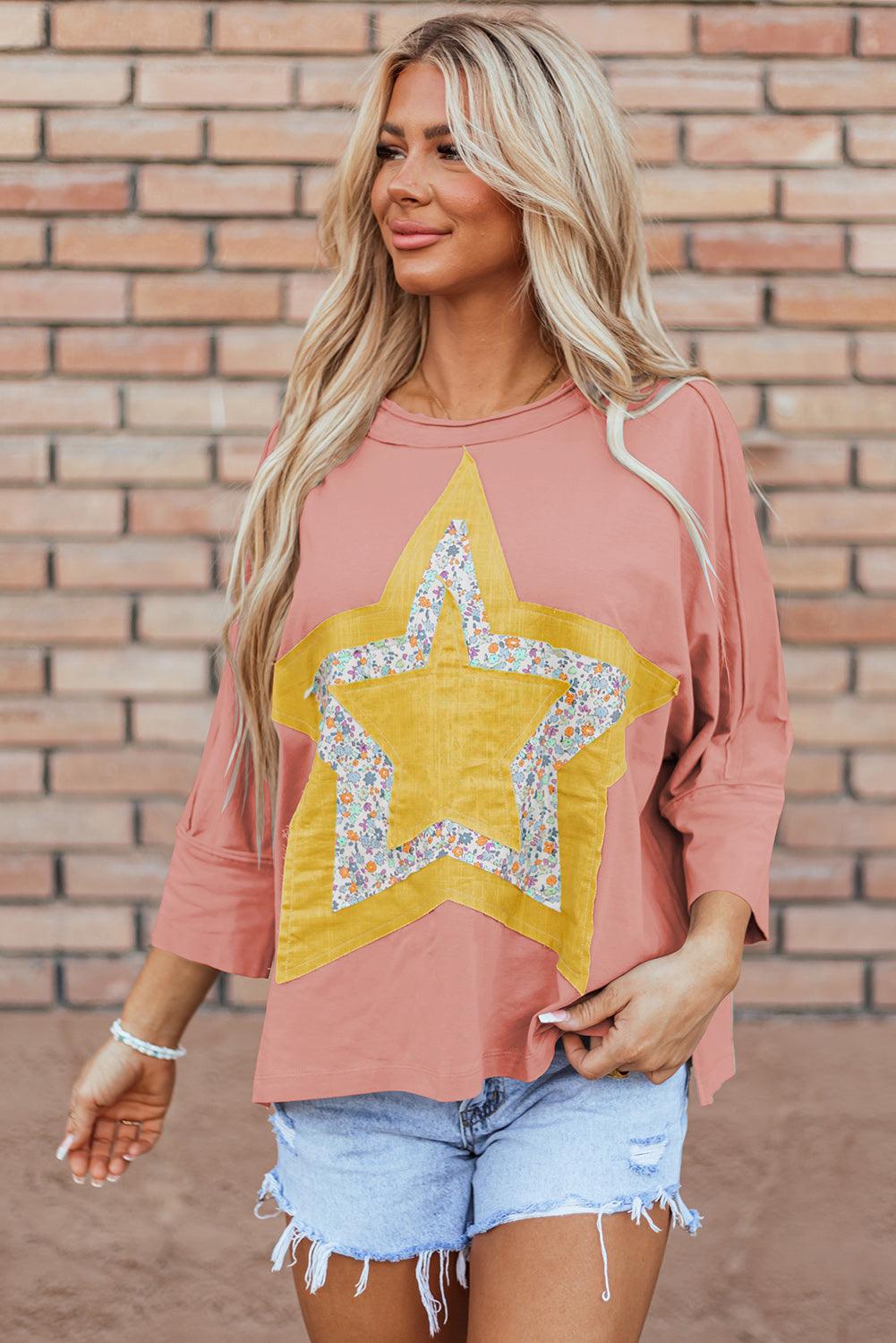 Rose Tan Floral Starbust Exposed Seam Mineral Wash Top