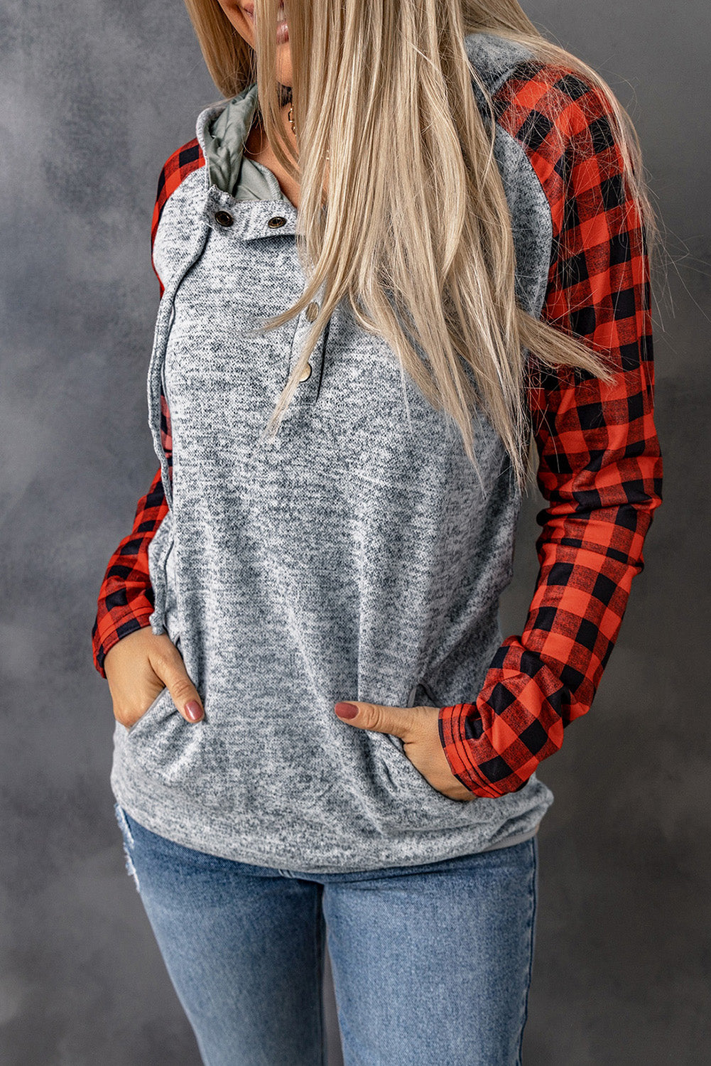 Red Plaid Splicing Kangaroo Pocket Buttoned Hoodie