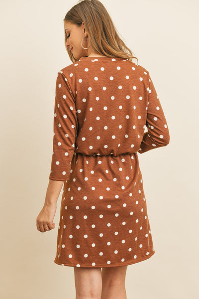 Polka Dot Print French Terry Cinch Waist Tie Front Dress With Pockets