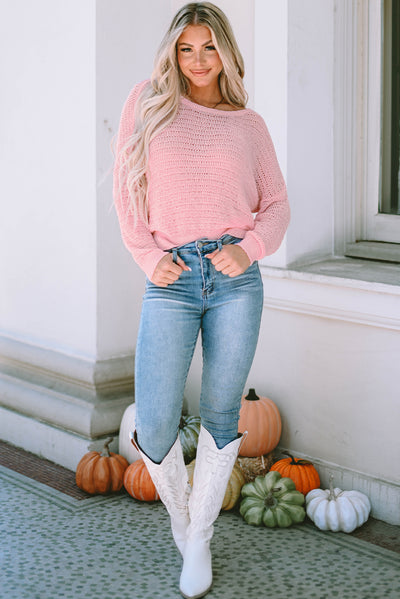 Pink Knitted Eyelets Round Neck Long Sleeve Top