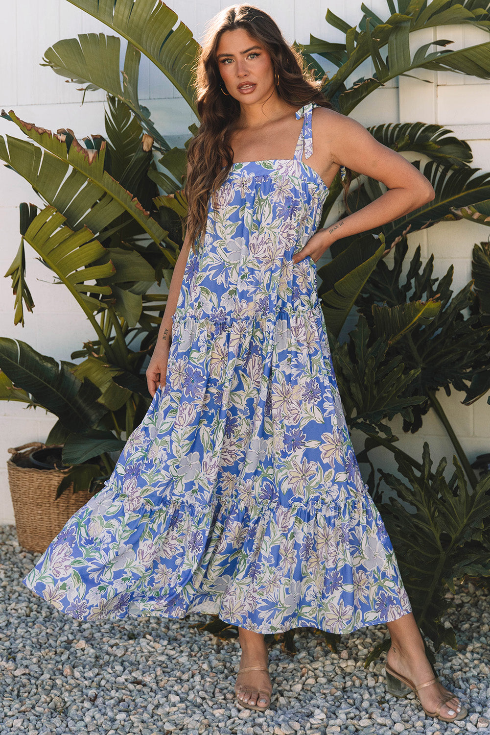 Katelyn Floral Self-tie Straps Ruffle Long Dress