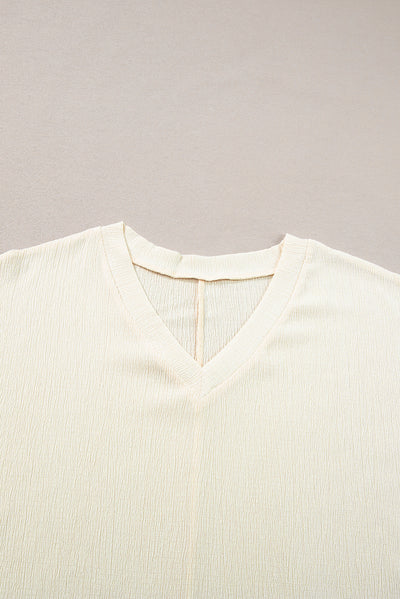 Apricot Crinkled V Neck Wide Sleeve T-shirt