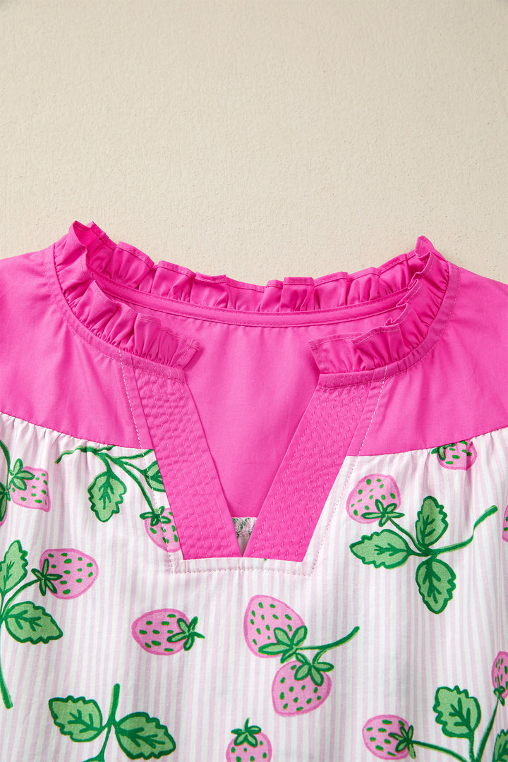 Pink Striped Strawberry Printed Color Block Patchwork V Neck Flutter Sleeve Blouse