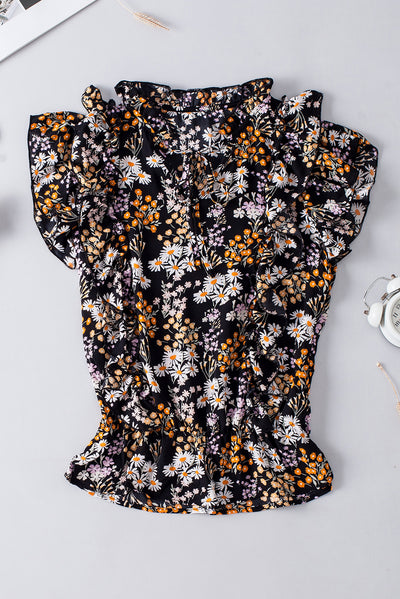 Black Floral Print Ruffle Drawstring V Neck Blouse