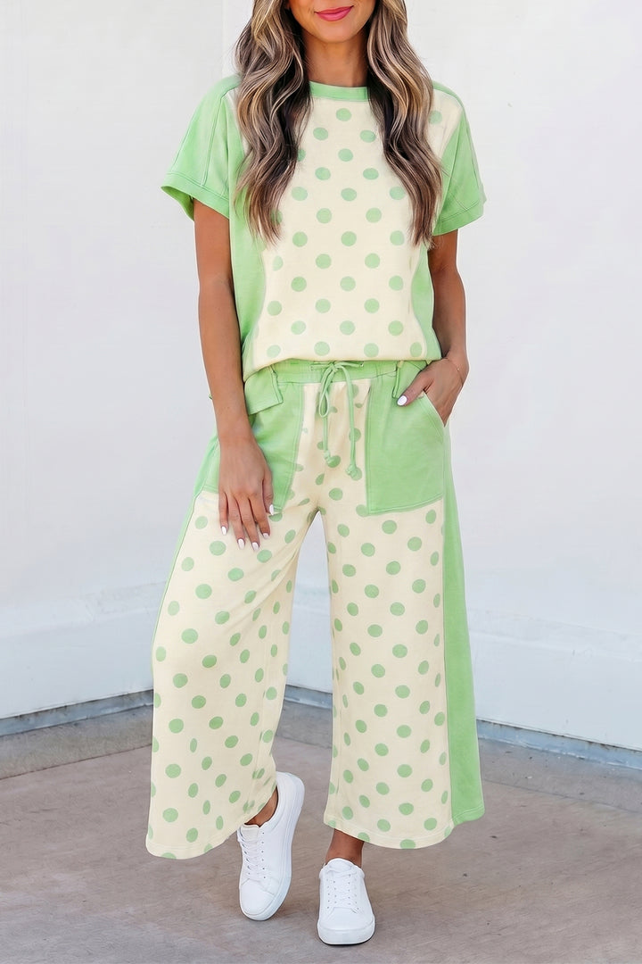 Pink Color Block Patchwork Polka Dot Wide Leg Pant Set