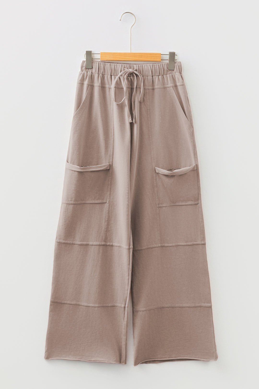 Smoke Gray Mineral Wash Exposed Seam Drawstring Elastic Waistband Wide Leg Cargo Pants