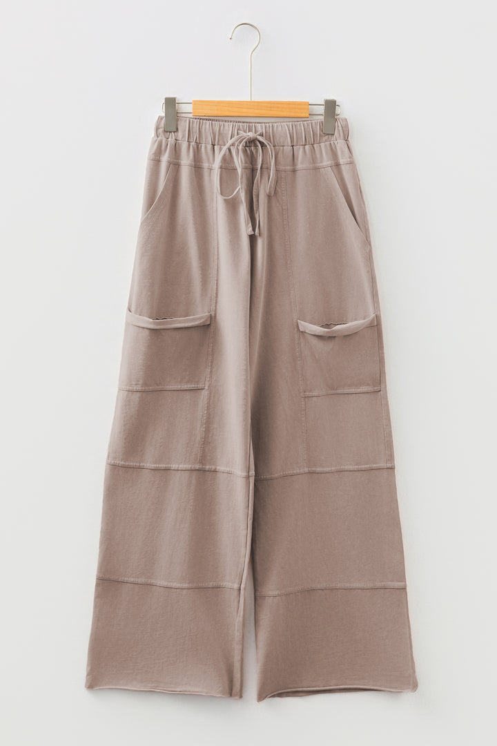 Smoke Gray Mineral Wash Exposed Seam Drawstring Elastic Waistband Wide Leg Cargo Pants