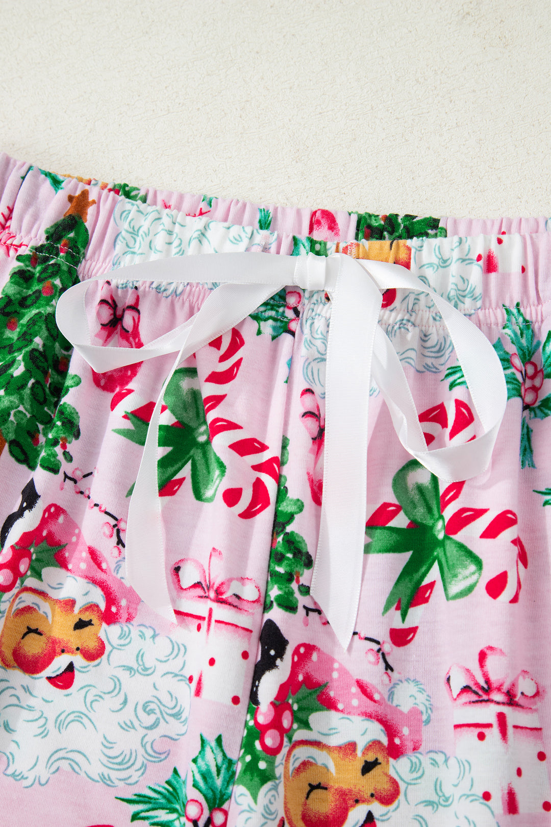 Pink Christmas Pattern Button V Neck Pullover Drawstring Pants 2pcs Lounge Set