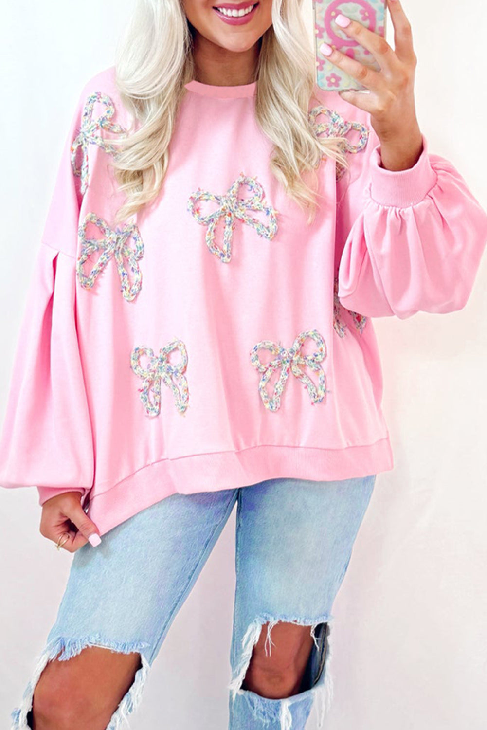 Parchment Embroidered Bow Lantern Sleeve Oversized Pullover Sweatshirt