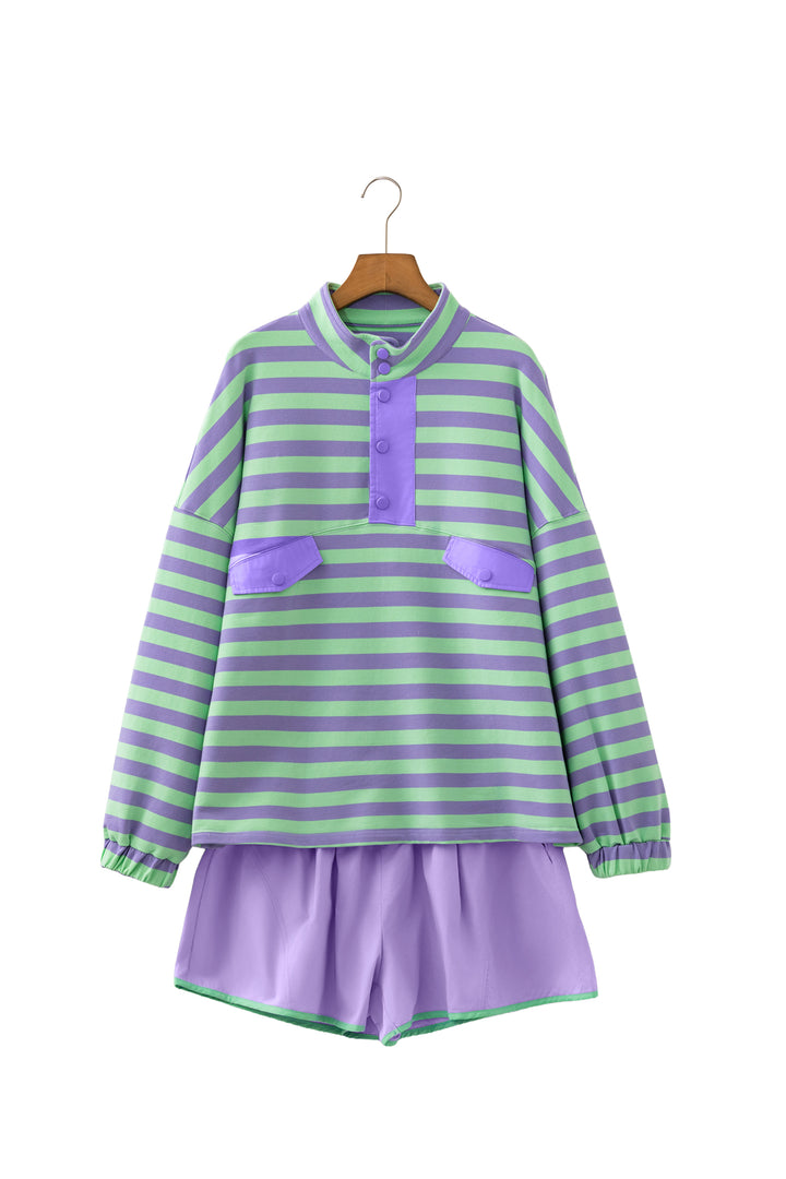 Purple Stripe Snap Button Long Sleeve Henley Top Contrast Shorts Two Piece Set
