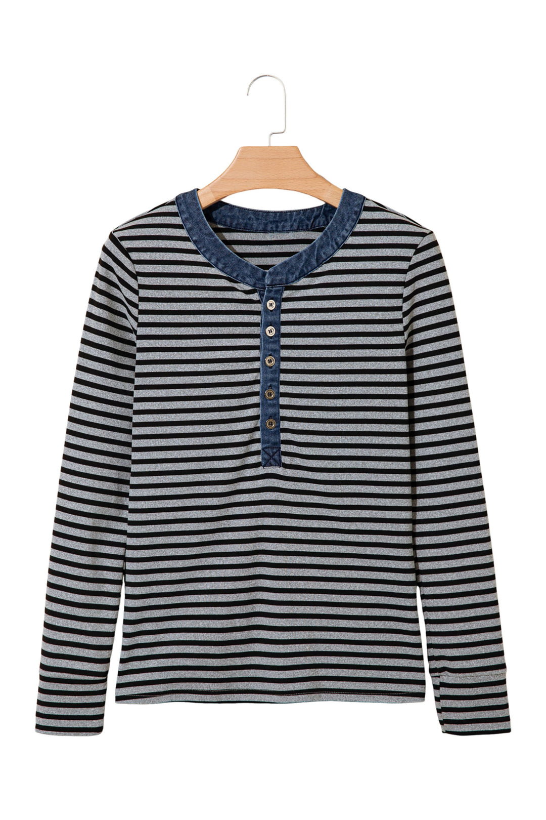 Gray Stripe Denim Contrast Collar Half Button Long Sleeve Top