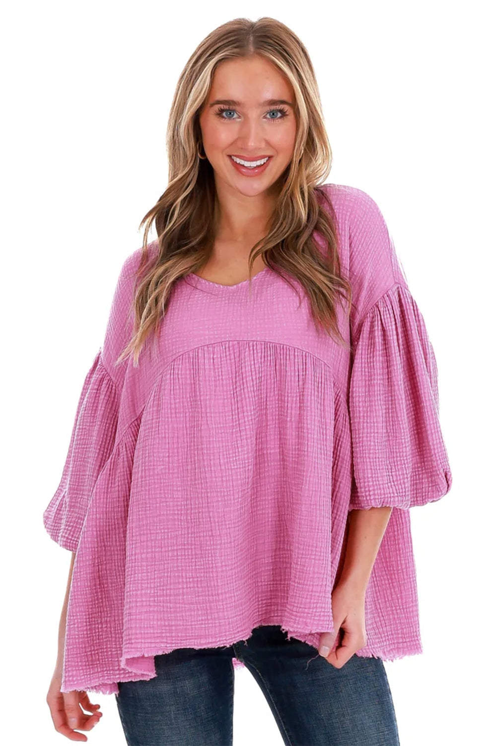 Pink Crinkle Bubble Sleeve Raw Hem Babydoll Blouse