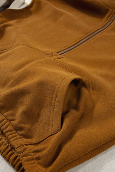 Chestnut Color Block Half Zip Kangaroo Pocketed Hoodie