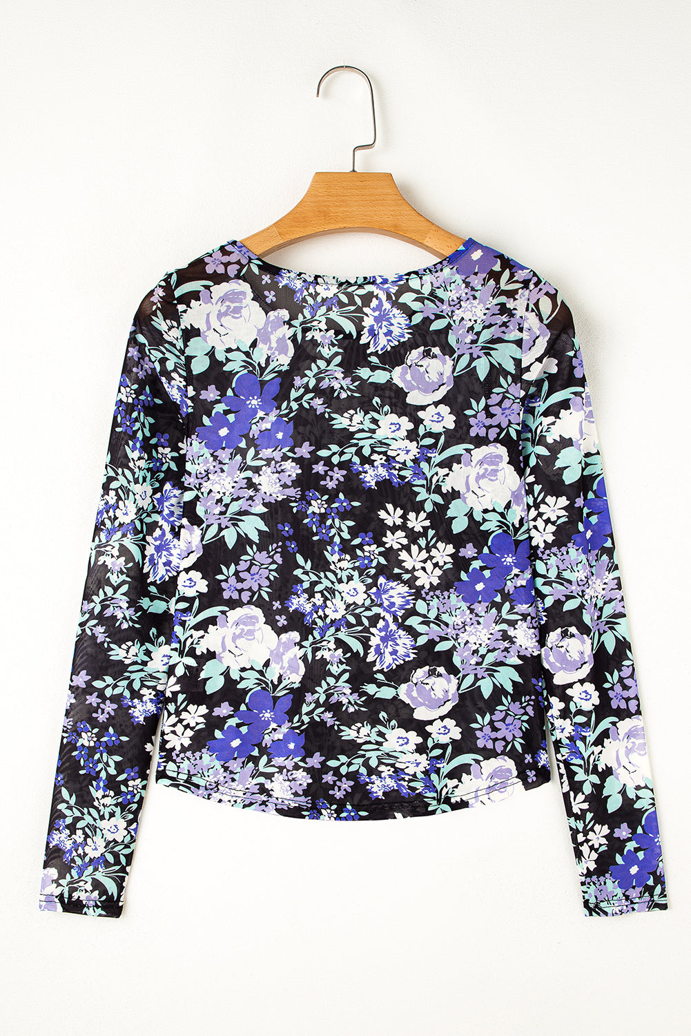 Orchid Petal Floral Print Mesh Fitted Long Sleeve Top