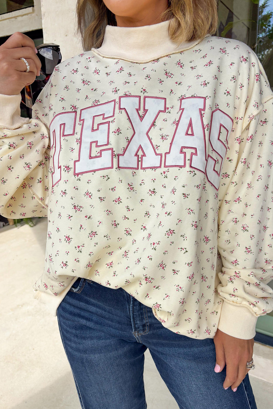 Beige Floral Print Stand Neck Long Sleeve Slogan Sweatshirt