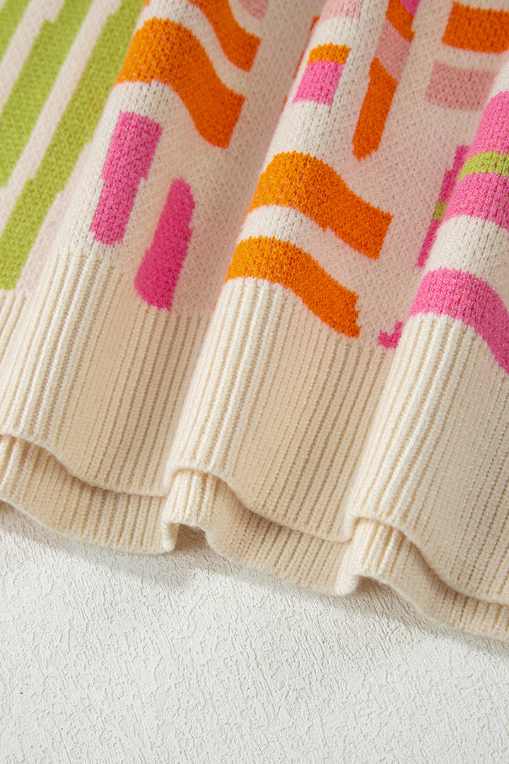 Rose Love Lines Pattern Crew Neck Puff Sleeve Sweater