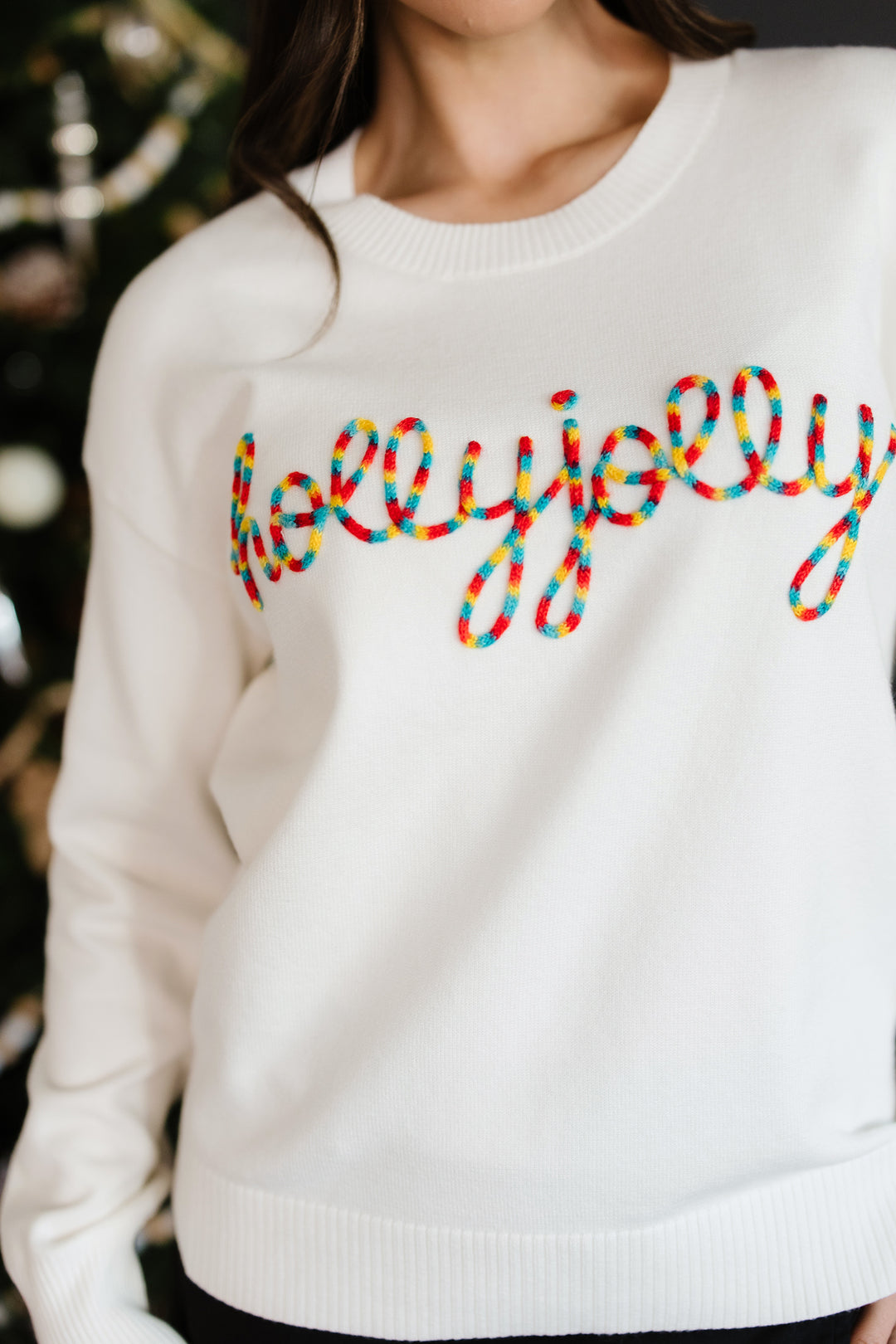 Beige Colorful Holly Jolly Christmas Knit Loose Sweater