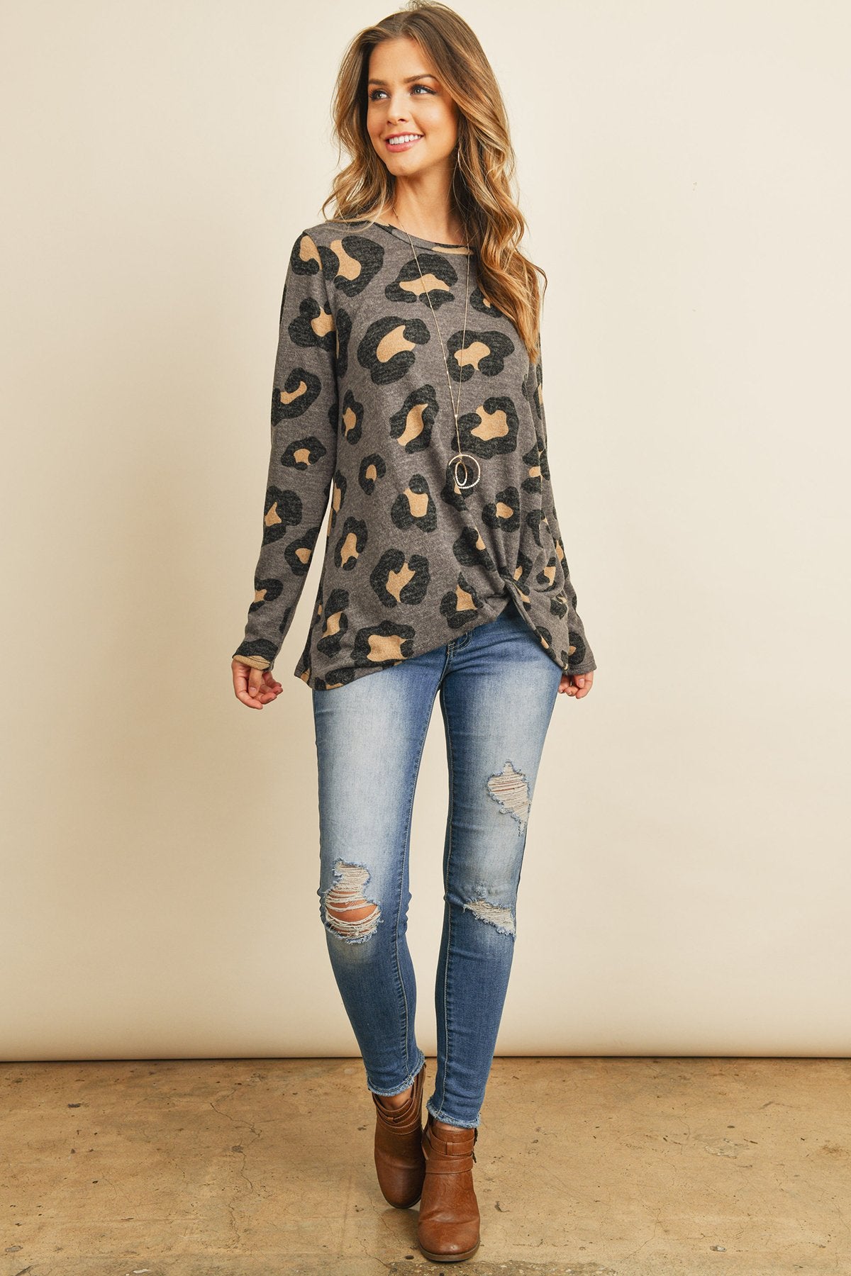 Long Sleeve Round Neck Leopard Knot Top