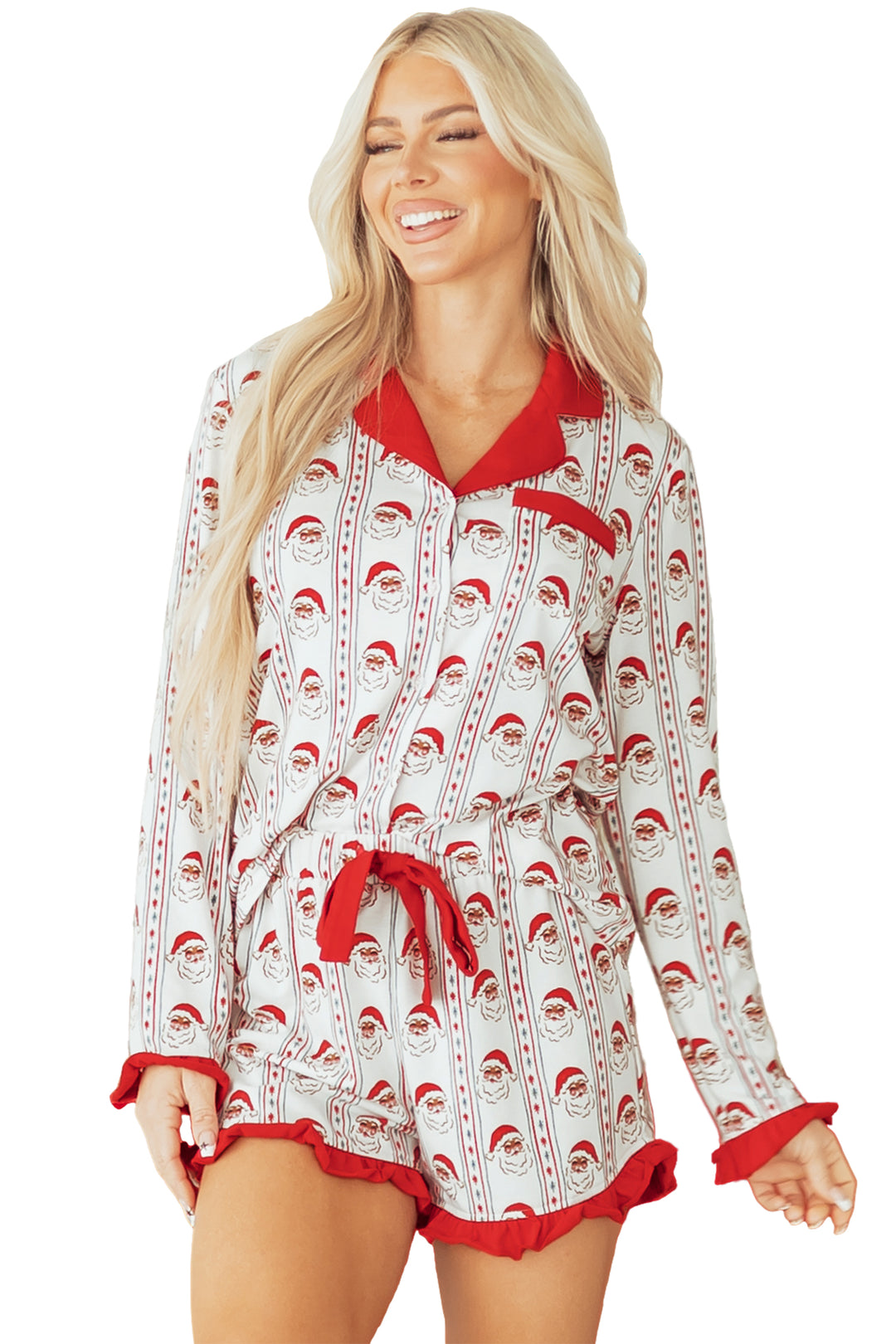 White Santa & Stripes Ruffle PJ Set