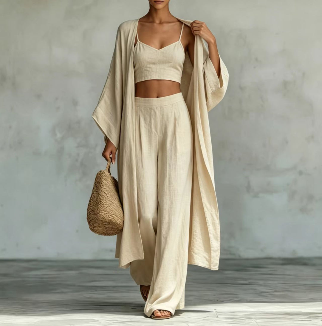 Loose Cardigan &amp; Strap Top High Waist Wide Leg Pants Set – 3-Piece