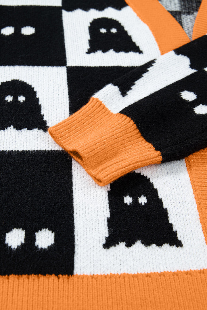 Black Geometric Ghost Print Drop Shoulder Knit Cardigan