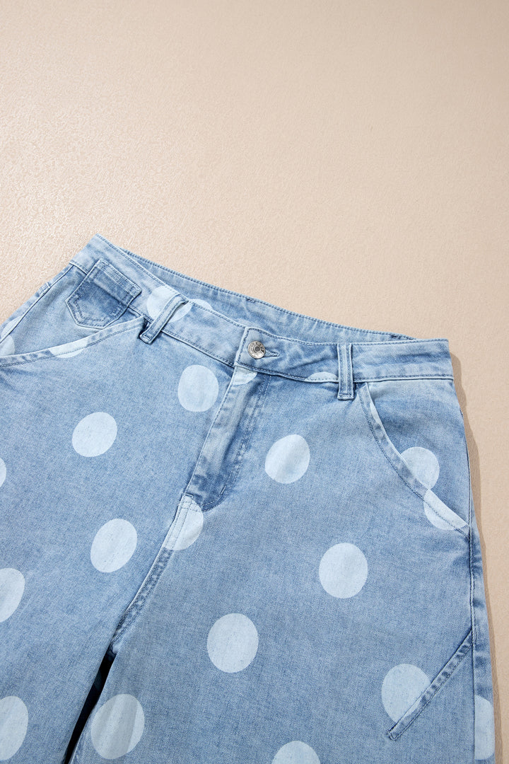 Sky Blue Polka Dot Ankle-Length Metal Button Casual Jeans