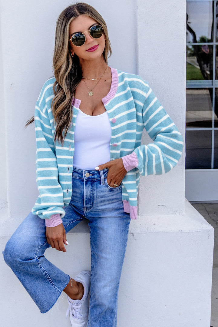 Sky Blue Stripe Contrast Trim Button Down Casual Sweater Cardigan