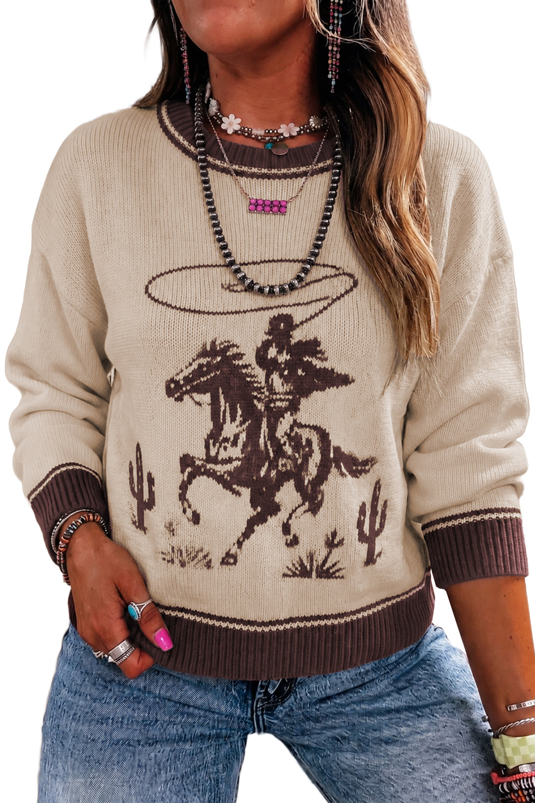 Oatmeal Western Print Color Block Ribbed Trim Crew Neck Shift Sweater