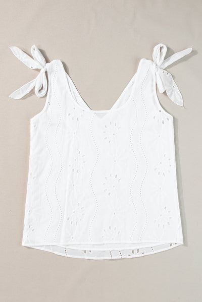 White Embroidery Patterned Knotted Straps V Neck Tank Top