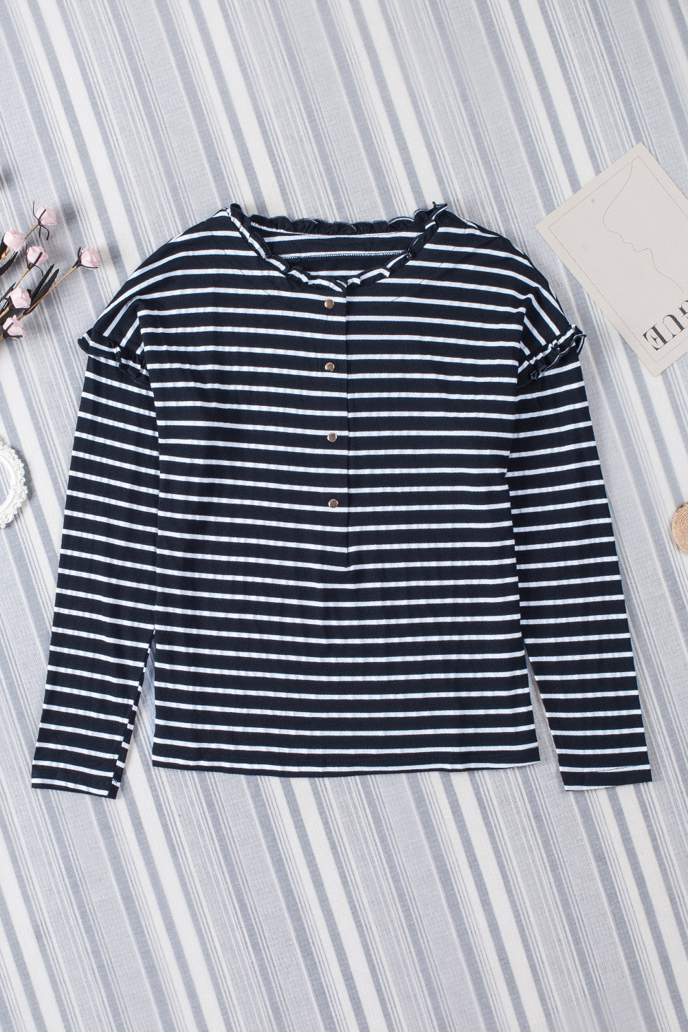 Black Striped Print Ruffled Buttoned Long Sleeve Top