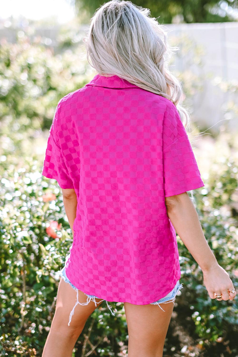 Bright Pink Lapel Neck Checkered Textured Short Sleeve Shirt