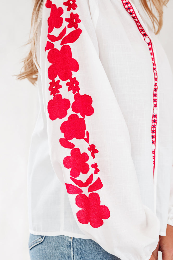 White Floral Embroidered Puff Long Sleeve Casual Shirt