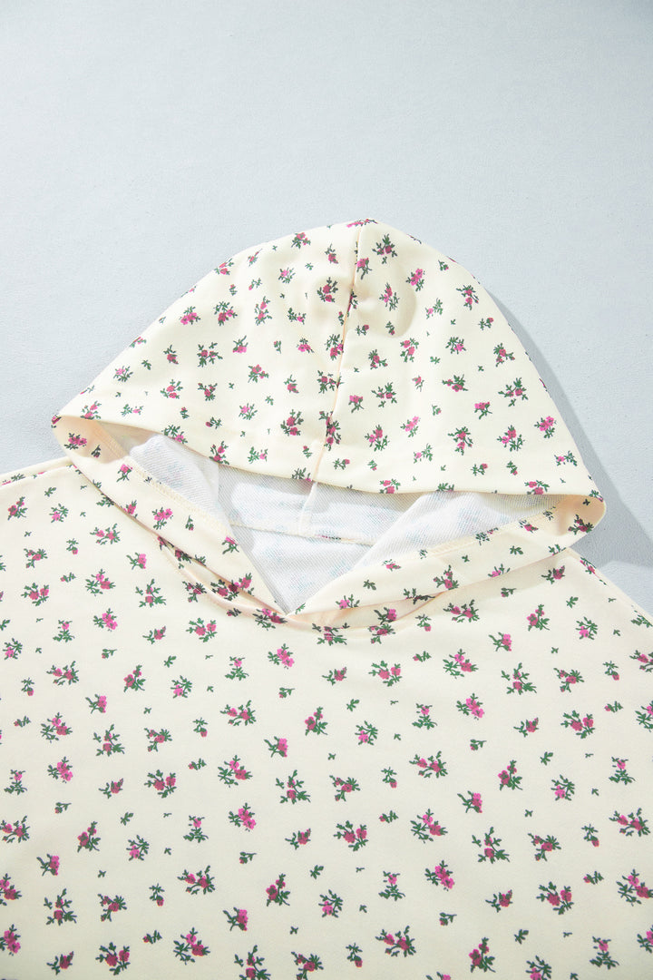 Beige Floral Print Hooded Long Sleeve Plus Size Set