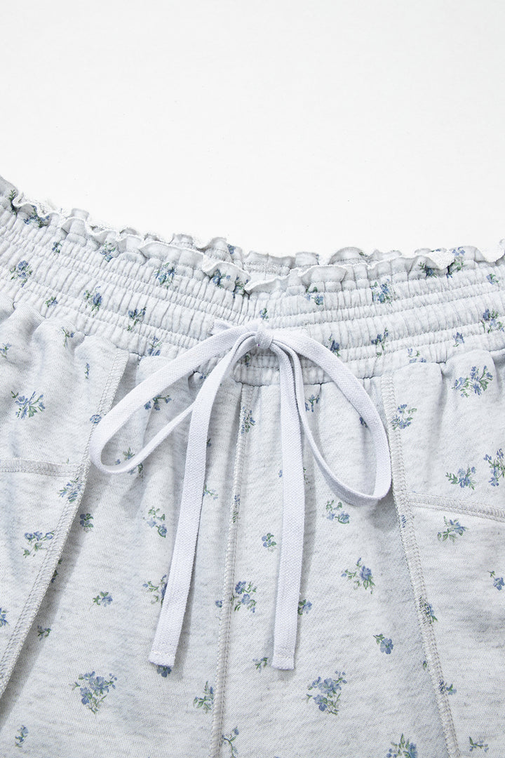 Gray Floral Print Elastic Waist Regular Fit Pants