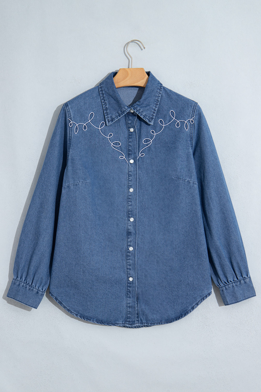 Dusk Blue Western Embroidered Collar Long Sleeve Denim Shirt