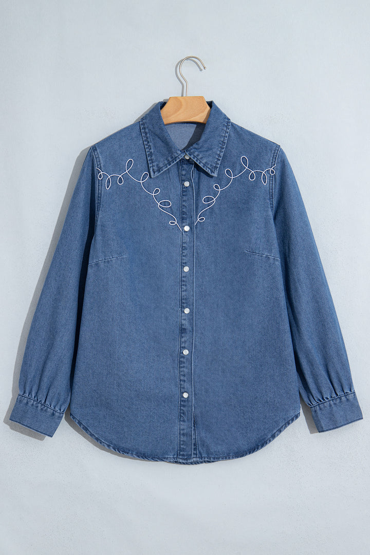 Dusk Blue Western Embroidered Collar Long Sleeve Denim Shirt