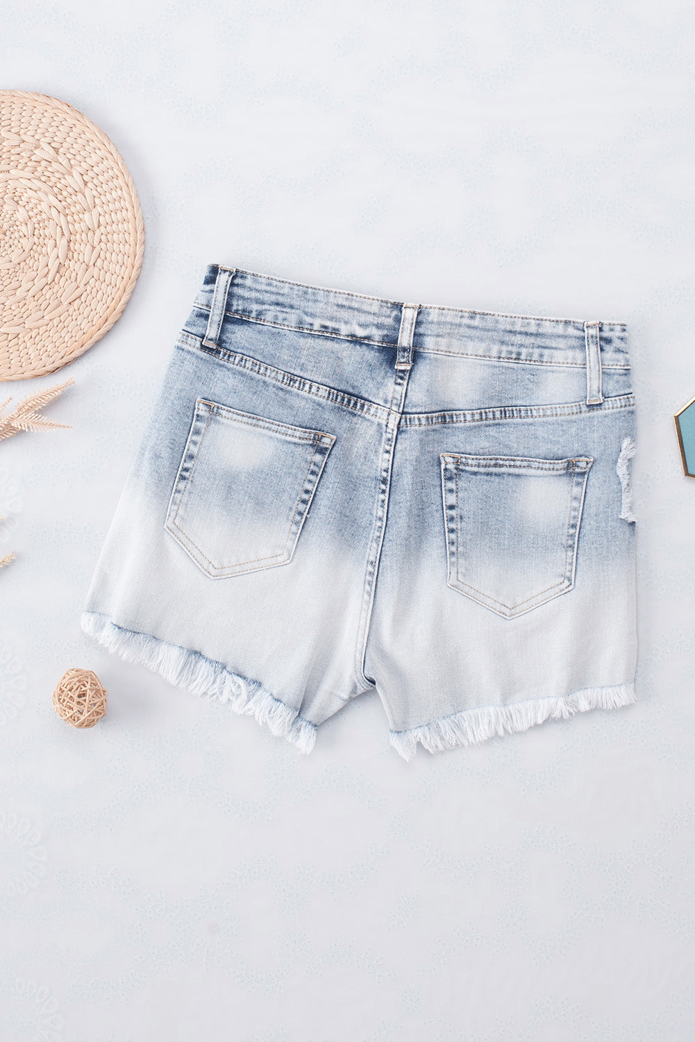 Sky Blue Bleached Wash Distressed Denim Shorts