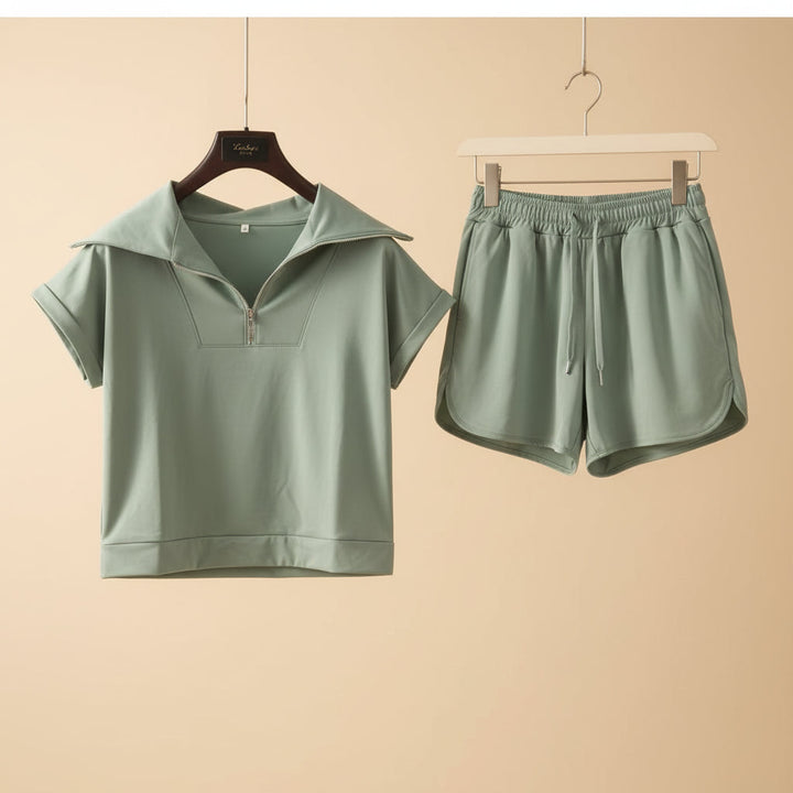 Half-Zip Lapel Sweatshirt &amp; Shorts Two-Piece Set | 6 Colors