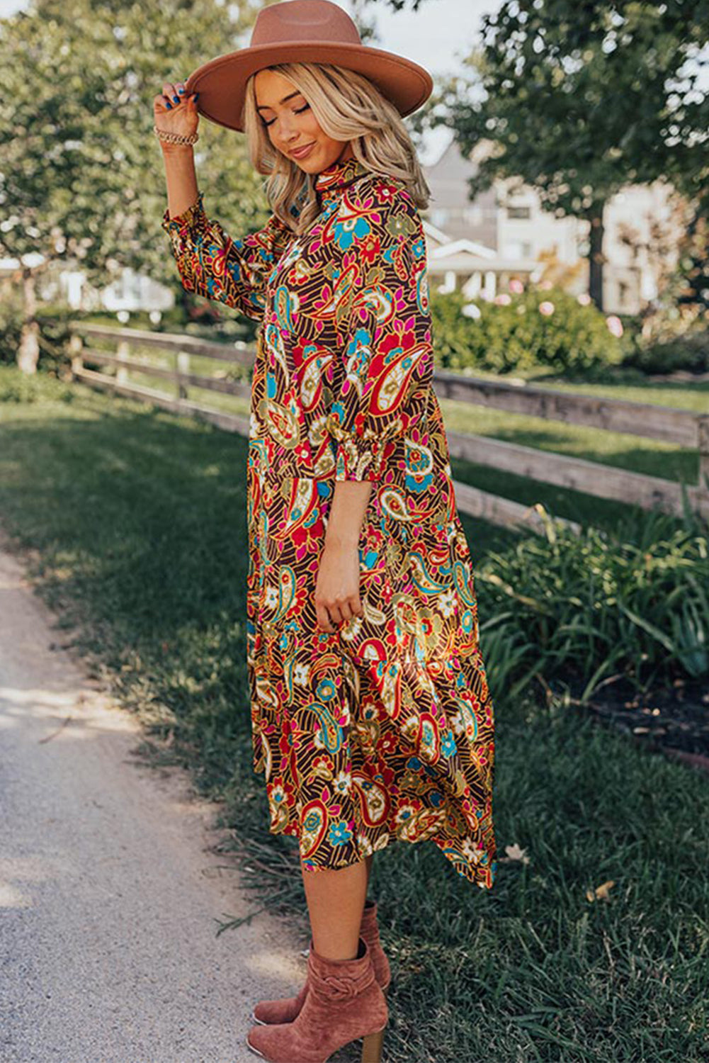 Yellow Paisley Mixed Print Collared 3/4 Sleeve Midi Dress