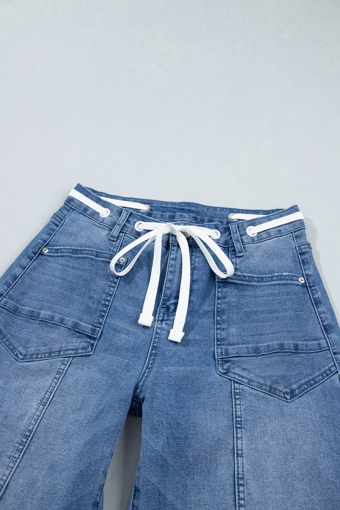 Beau Blue Solid Patchwork Grommet Tie Waist Loose Ankle-Length Jeans